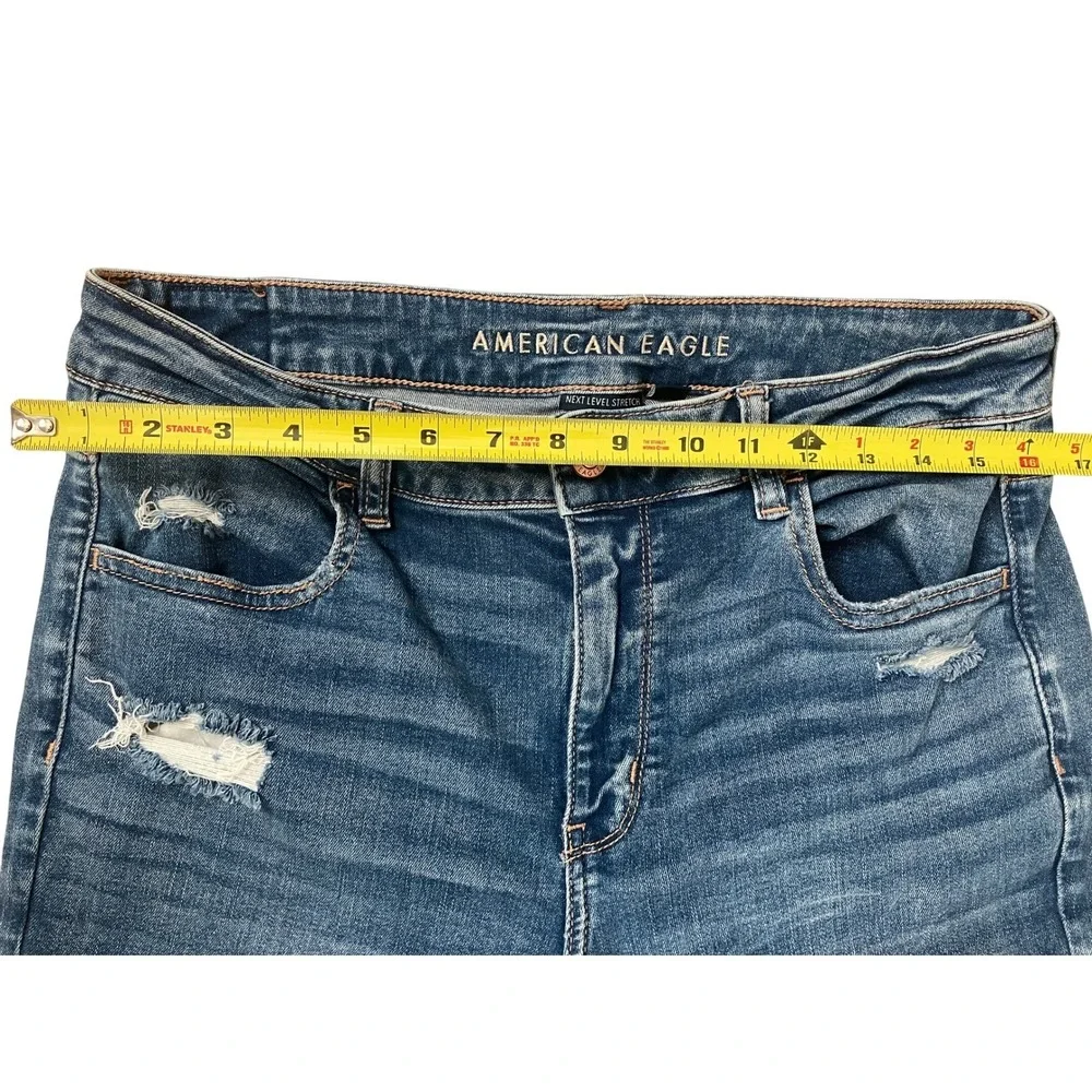 American Eagle Womens‎ High Waisted Blue Distressed Skinny Jeans Long Size 14 - Picture 9 of 10